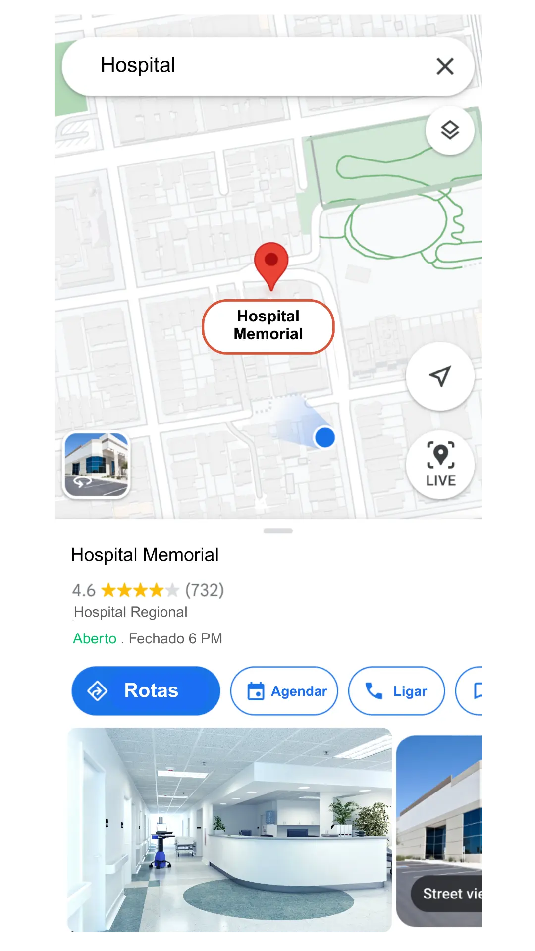 Google Maps exibindo o perfil do Hospital Memorial com o botão Agendar