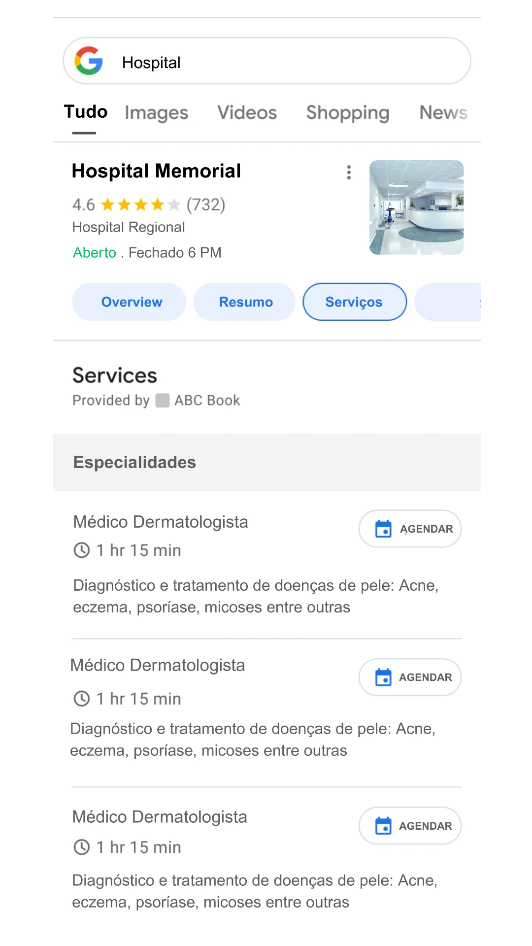 Busca no Google exibindo o Hospital Memorial e o botão Agendar nos serviços